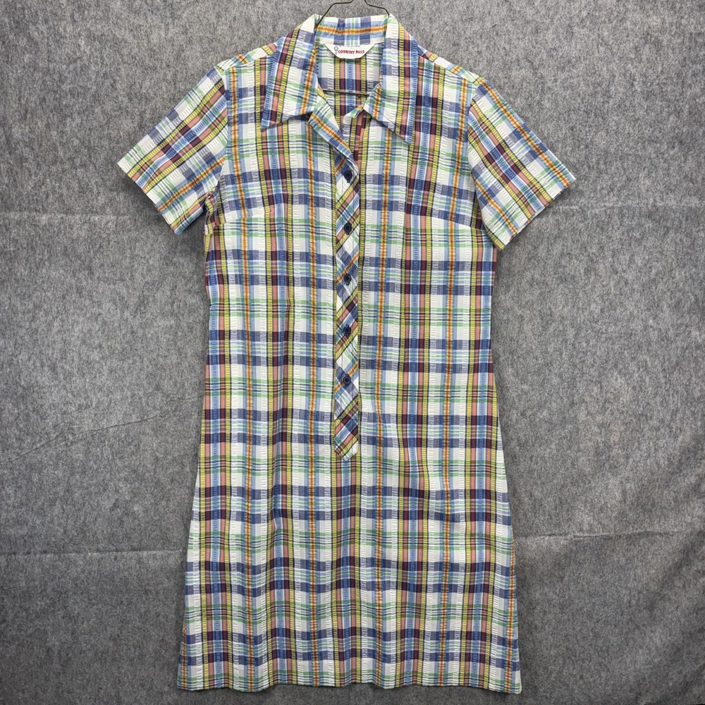 Vintage 60s 70s Seersucker Shift Dress Short Sleeve Plaid Western Country Miss